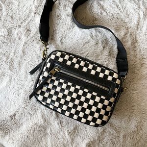 Checkered Camera Crossbody Bag, Black & Ivory